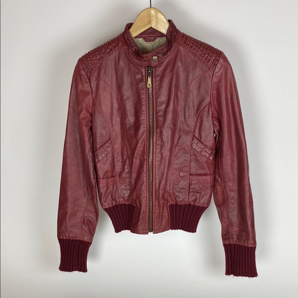 Doma leather Blend bomber jacket snap collar zip red Women’s Size Medium